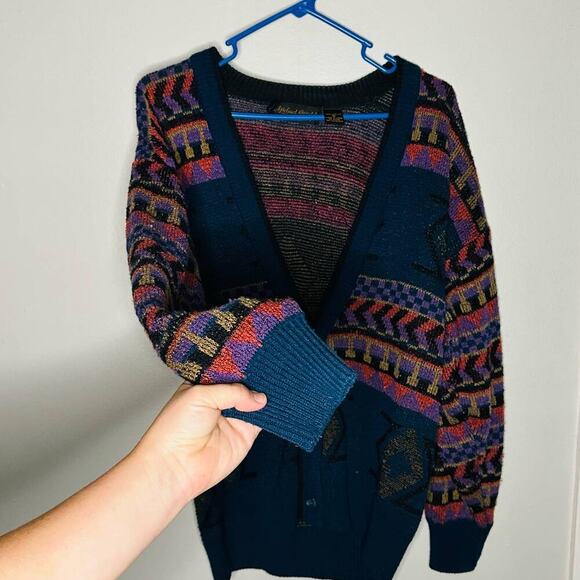 Vintage 80s/90s Michael Gerald Multicolor Geometric Cardigan Sweater Size Small - Picture 4 of 10